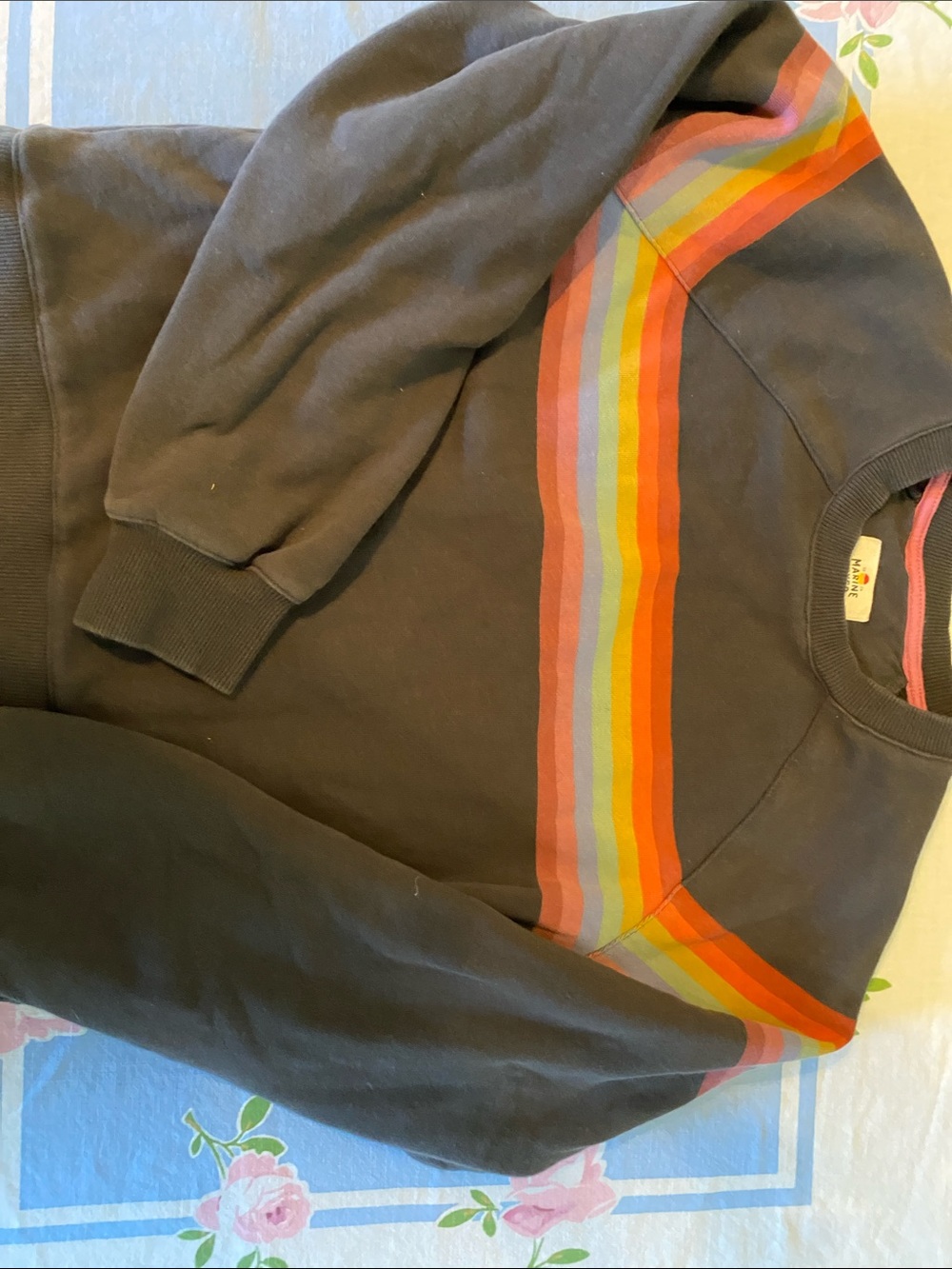 Marine Layer Charcoal Crewneck Sweatshirt with Rainbow Shoulder Stripe